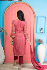 Pink Net Stitched Straight Cut Trouser Kurti Dupatta Readymade Suits