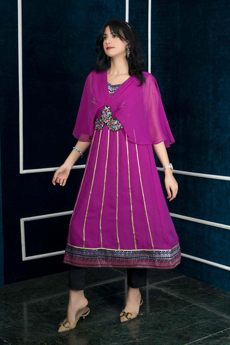 Pink Embroidered Georgette Anarkali Kurta Pants Set