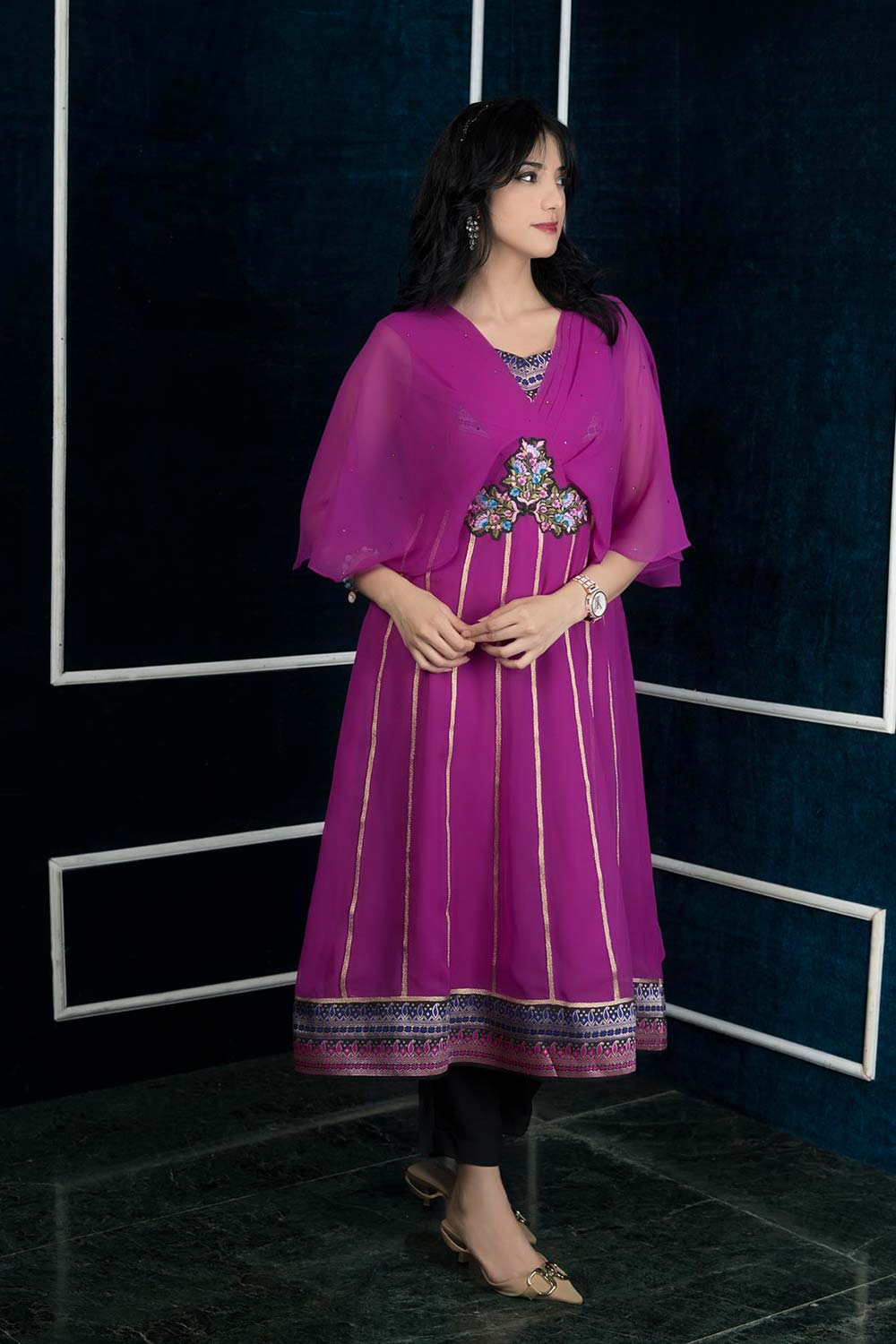 Pink Embroidered Georgette Anarkali Kurti Pant Set