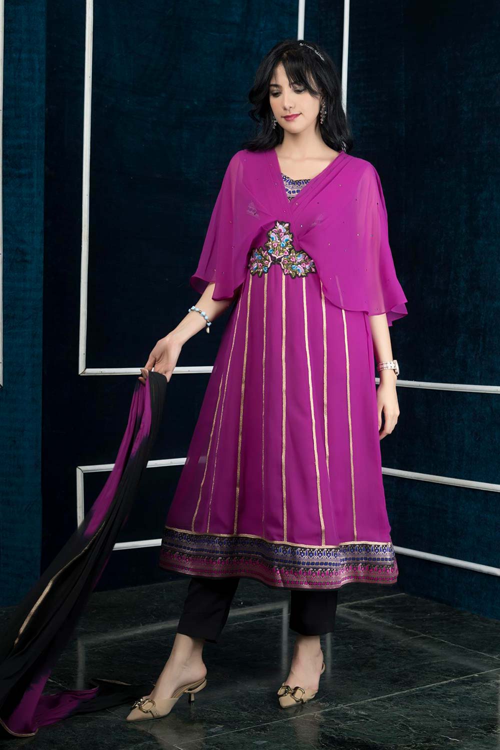 Magenta Embroidered Georgette Stitched Anarkali Trouser Kurti With Dupatta