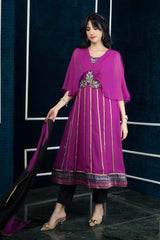 Magenta Embroidered Georgette Stitched Anarkali Trouser Kurta With Dupatta