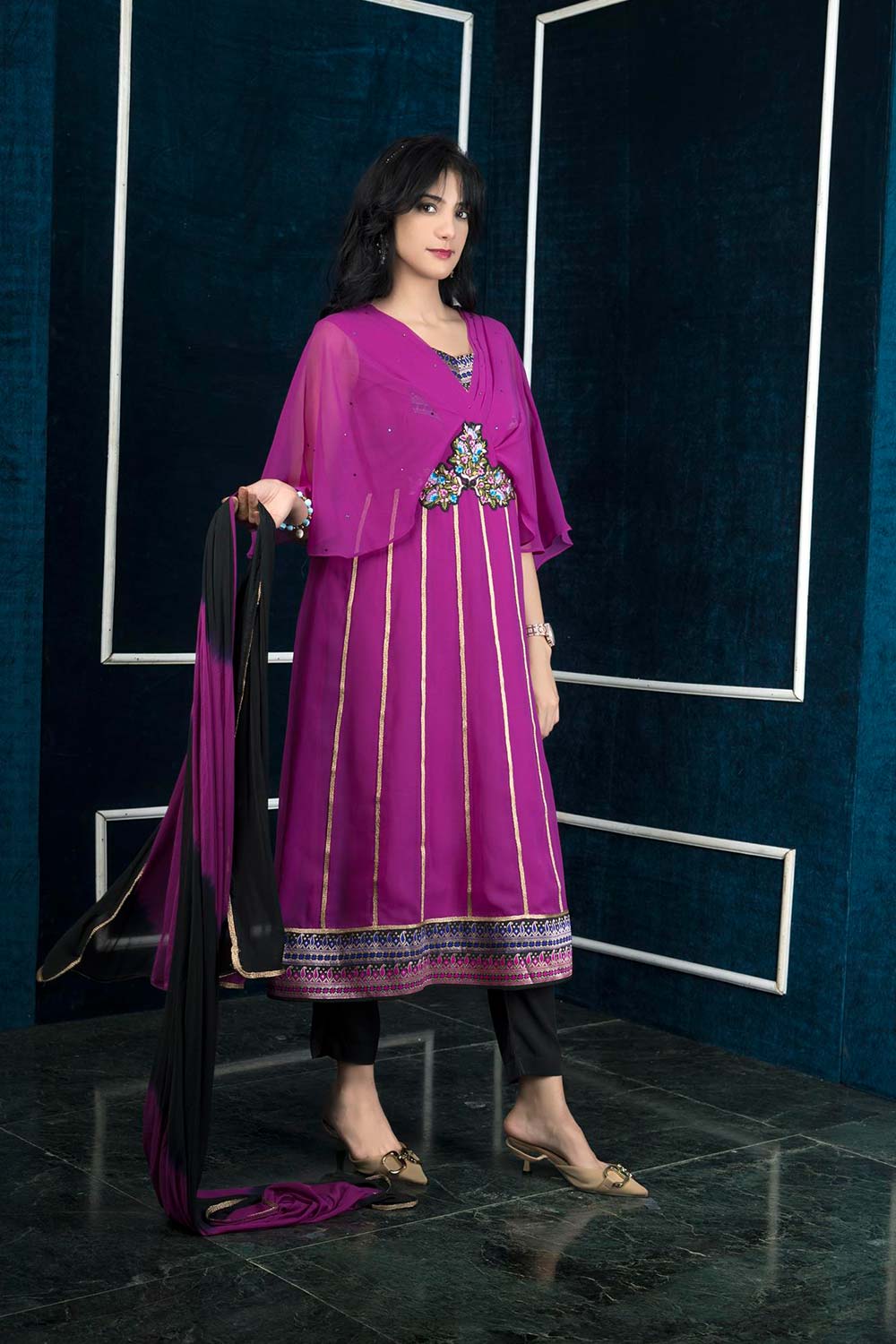 Magenta Embroidered Georgette Stitched Anarkali Trouser Kurti With Dupatta