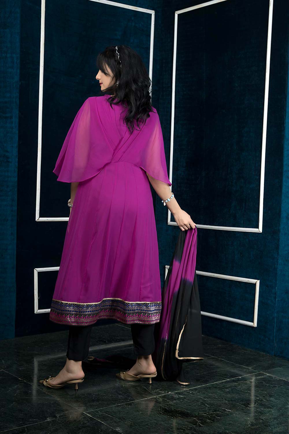 Magenta Embroidered Georgette Stitched Anarkali Trouser Kurta With Dupatta