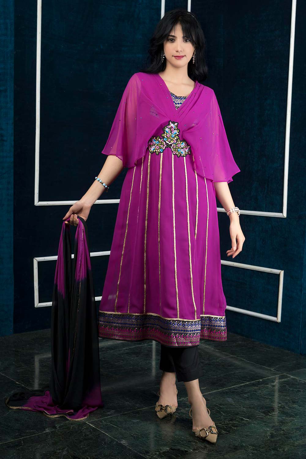 Magenta Embroidered Georgette Stitched Anarkali Trouser Kurti With Dupatta