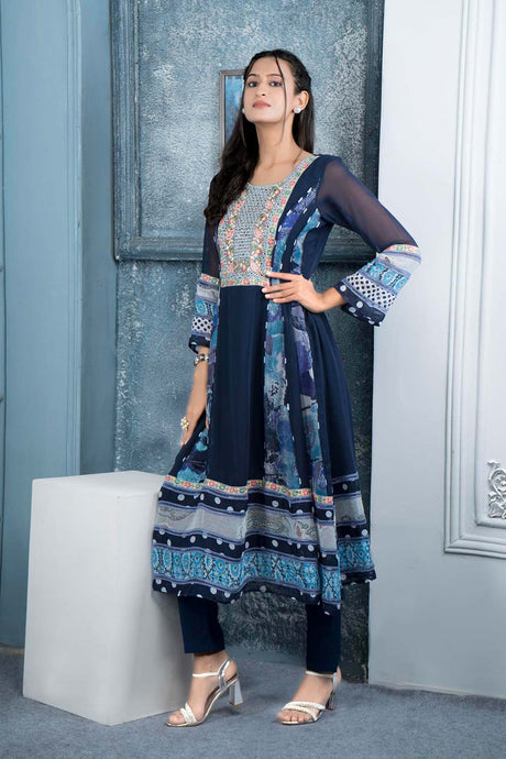 Navy Blue Embroidered Georgette Anarkali Kurti Pant Set