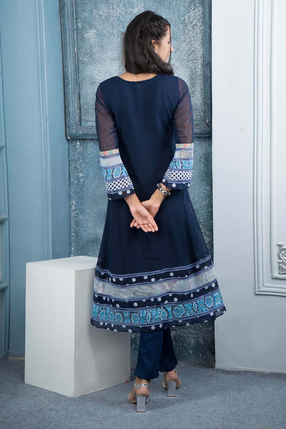 Navy Blue Embroidered Georgette Anarkali Kurti Pant Set