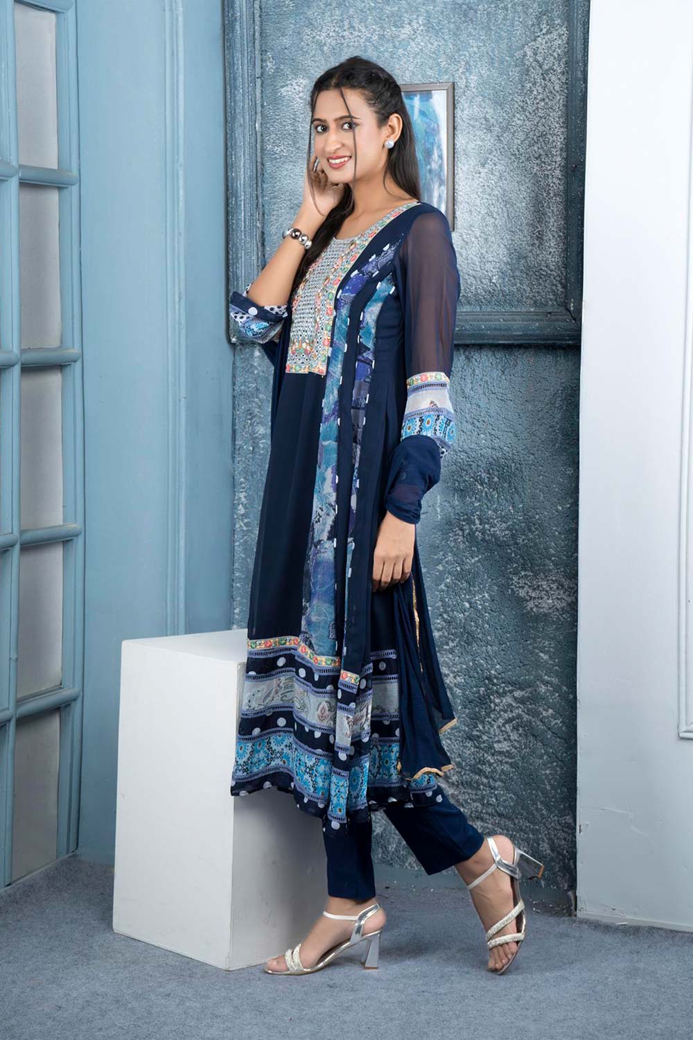 Navy Blue Embroidered Georgette Stitched Anarkali Trouser Kurta With Dupatta