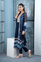 Navy Blue Embroidered Georgette Stitched Anarkali Trouser Kurti With Dupatta