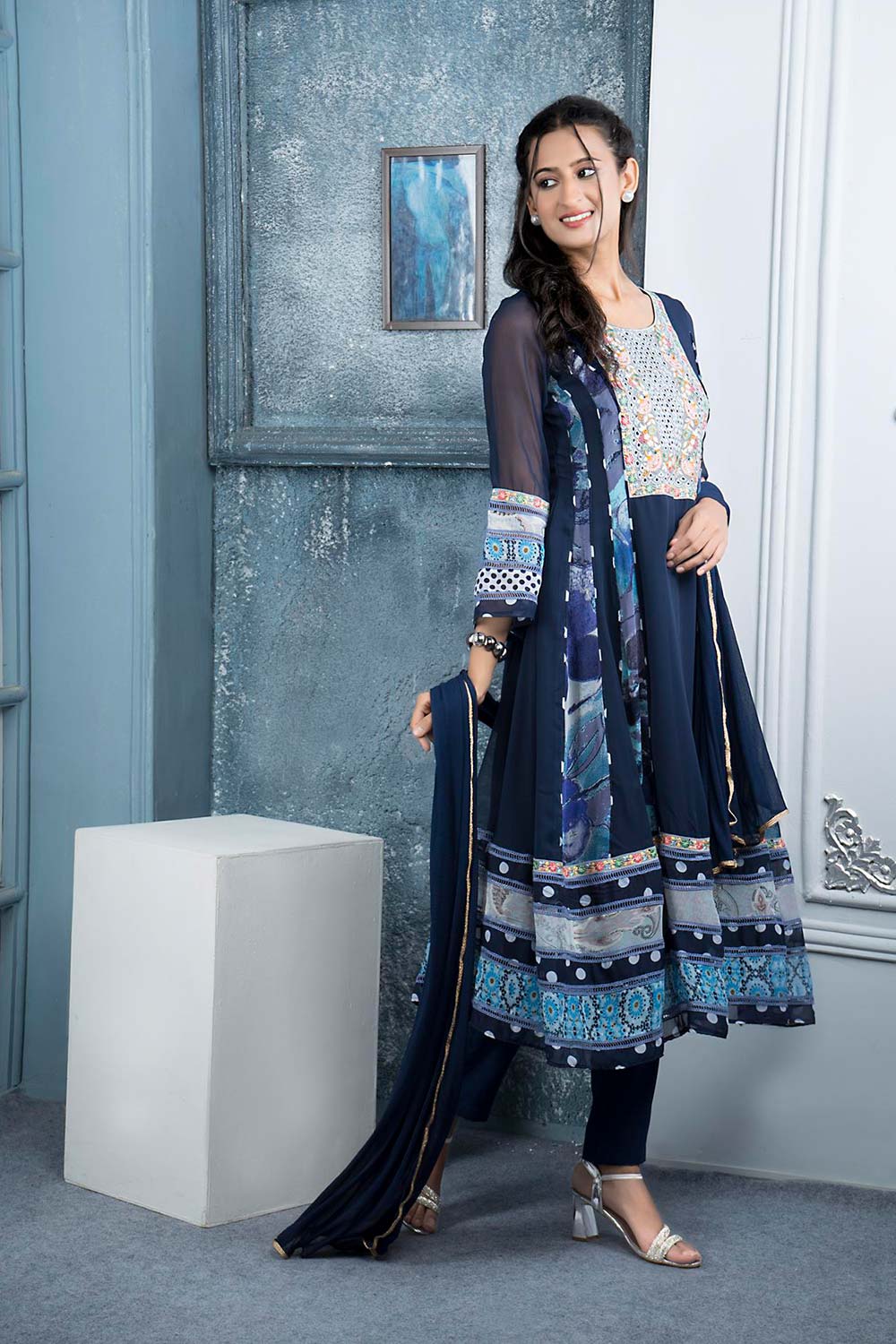 Navy Blue Embroidered Georgette Stitched Anarkali Trouser Kurta With Dupatta