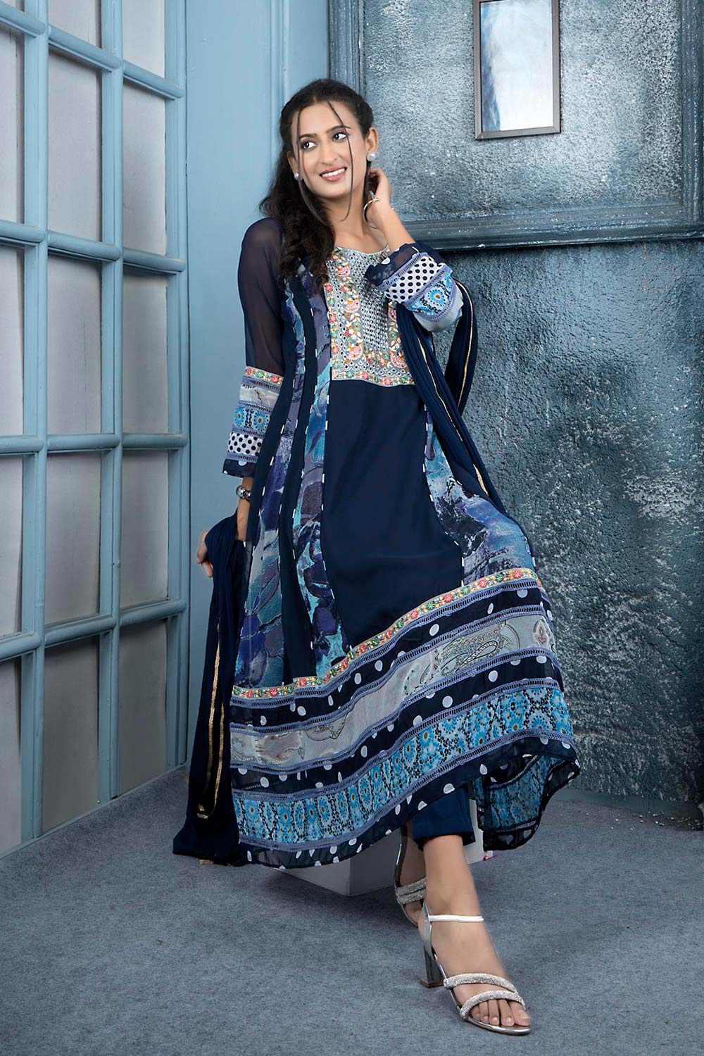 Navy Blue Embroidered Georgette Stitched Anarkali Trouser Kurta With Dupatta