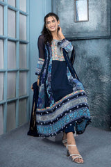 Navy Blue Embroidered Georgette Stitched Anarkali Trouser Kurti With Dupatta