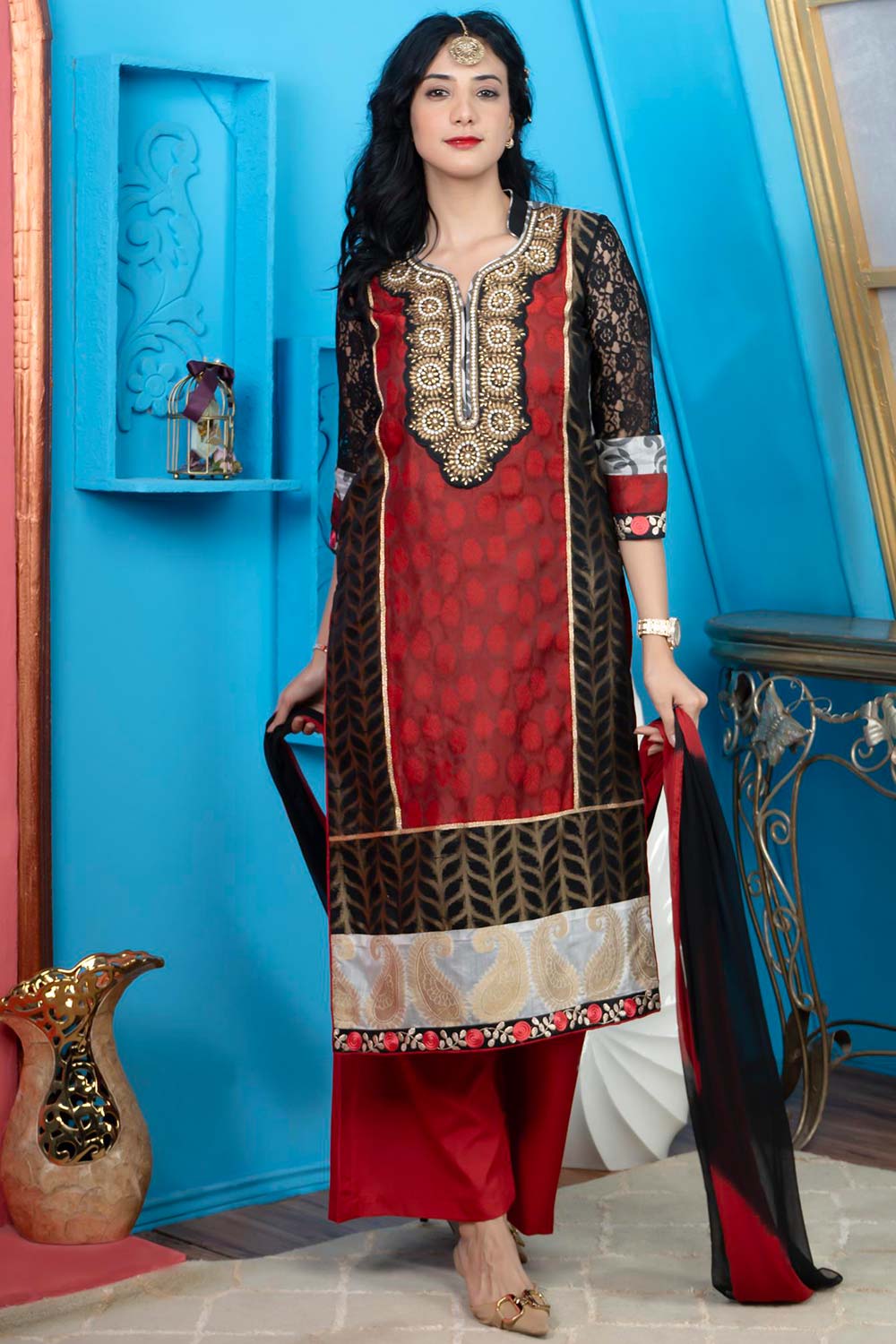 Maroon Embroidered Chanderi Straight Cut Kurta Palazzo Set