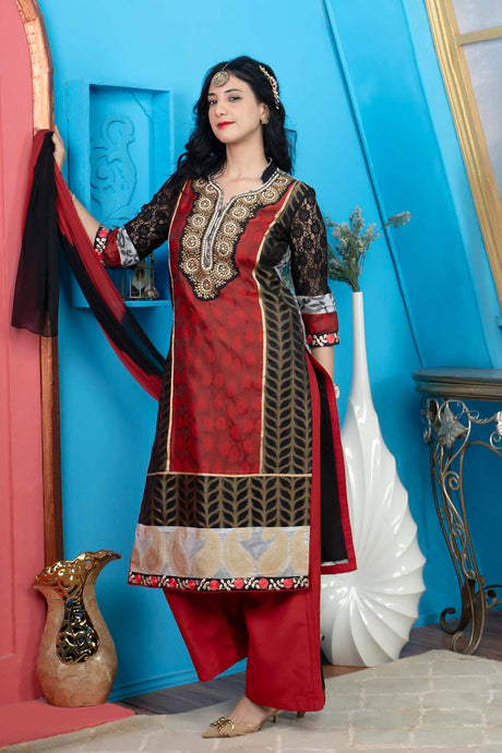 Maroon Embroidered Chanderi Straight Cut Kurta Palazzo Set