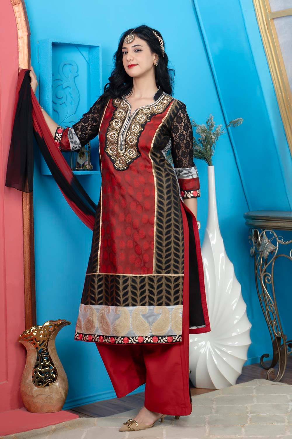 Maroon Chanderi Stitched Straight Cut Palazzo Kurti Dupatta Readymade Suits