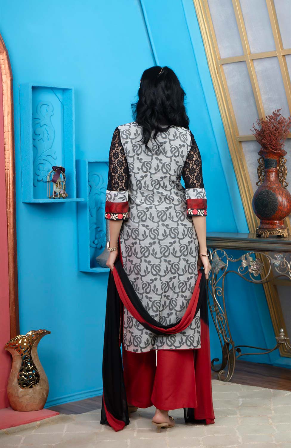 Maroon Chanderi Stitched Straight Cut Palazzo Kurti Dupatta Readymade Suits