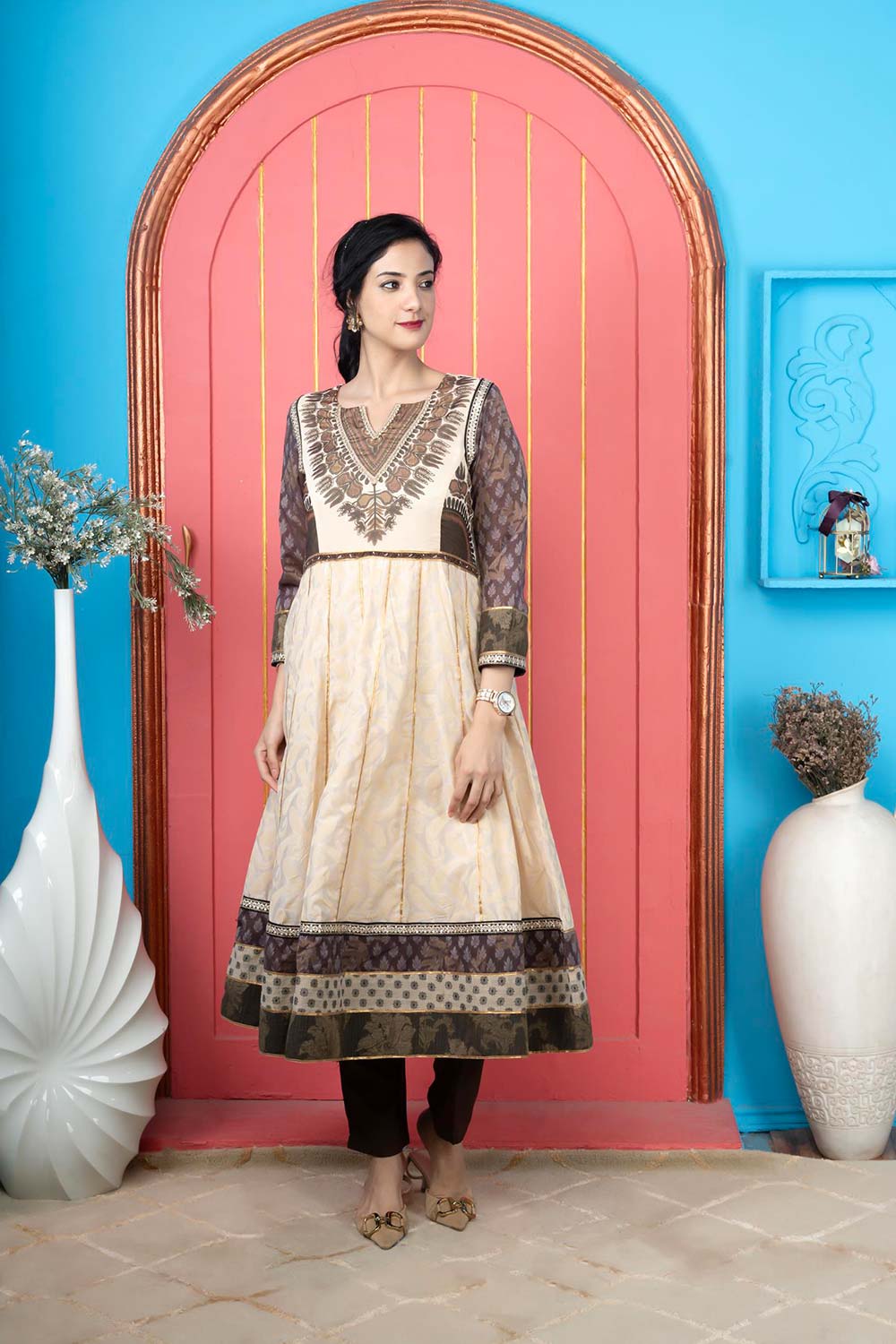 Beige Embroidered Silk Anarkali Kurti