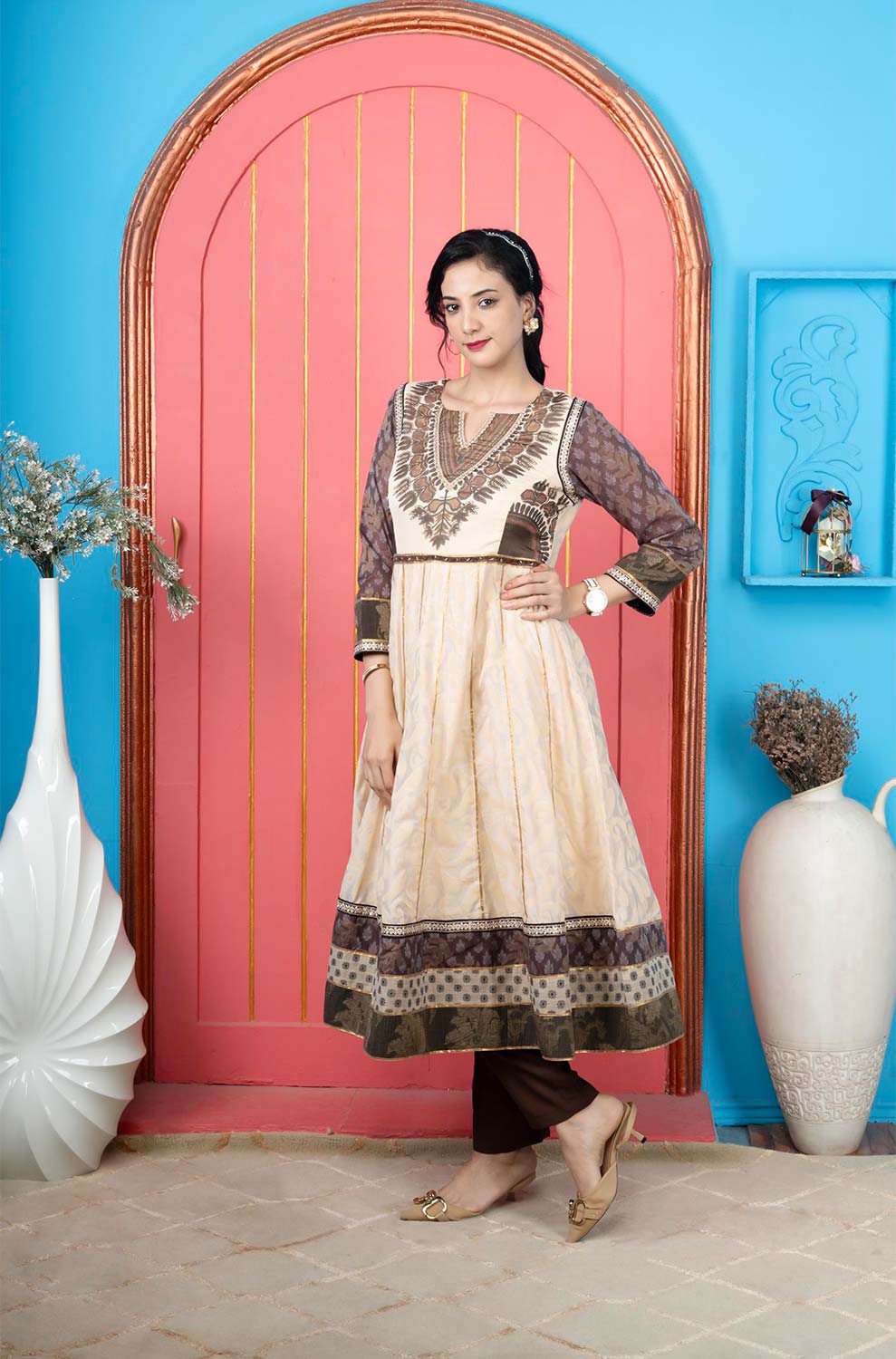 Beige Embroidered Silk Anarkali Kurti