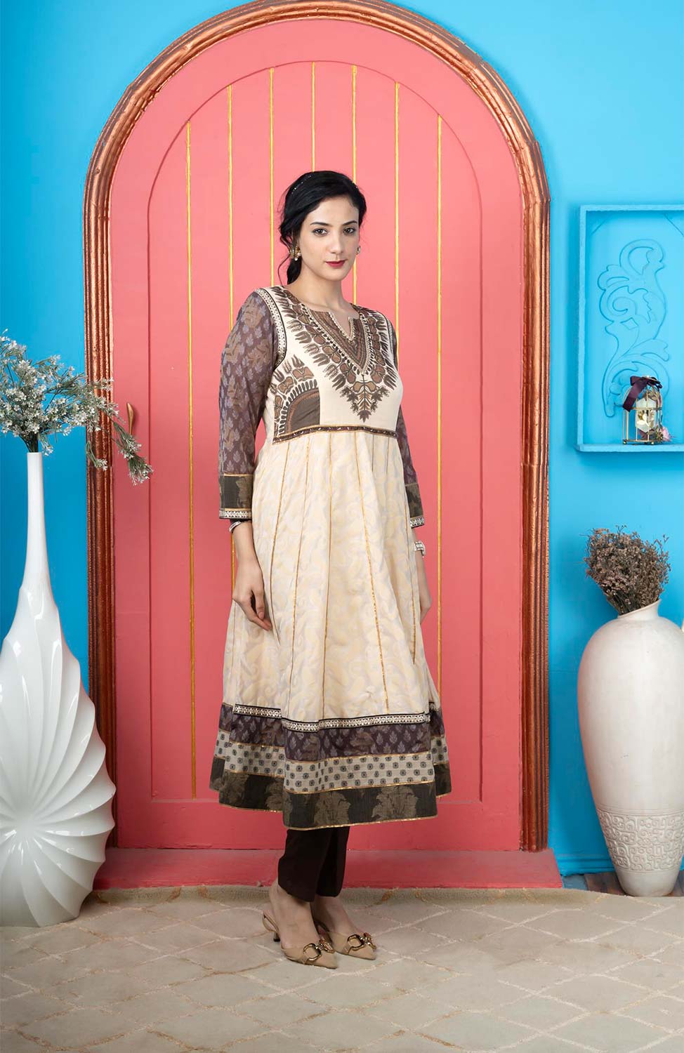 Beige Embroidered Silk Anarkali Kurta