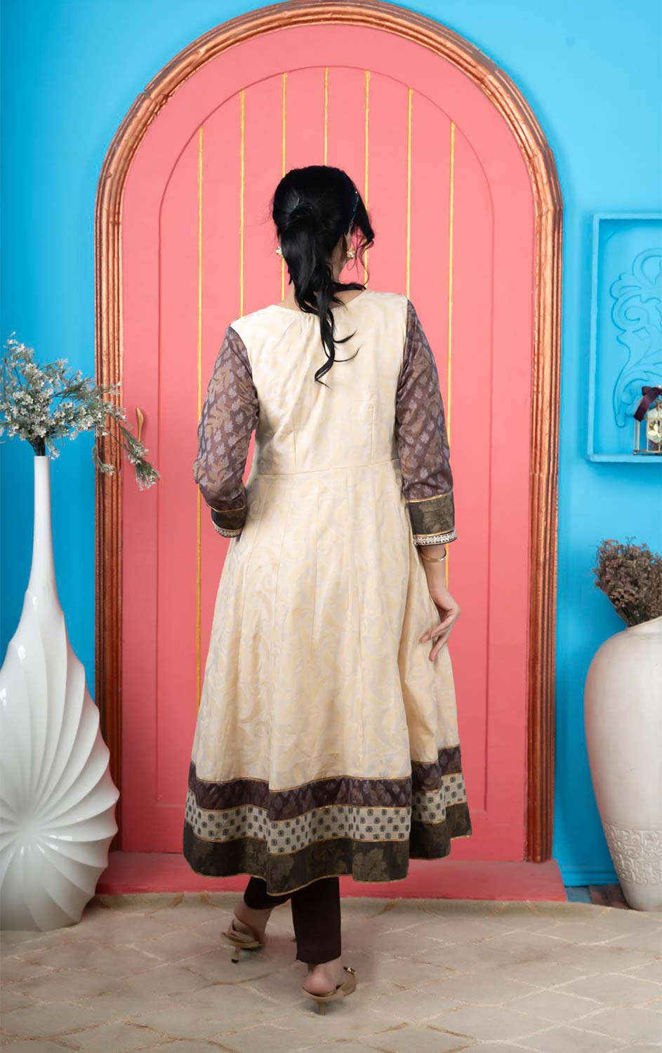 Beige Embroidered Silk Anarkali Kurti