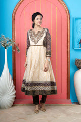 Beige Embroidered Silk Anarkali Kurti Pant Set