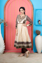 Beige Embroidered Silk Anarkali Kurti Pant Set