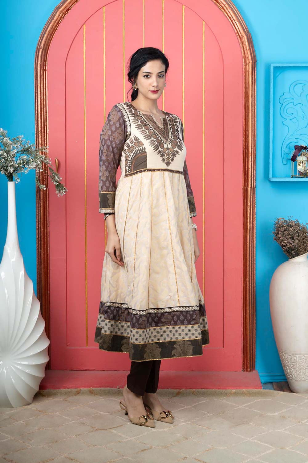 Beige Embroidered Silk Anarkali Kurta Pants Set