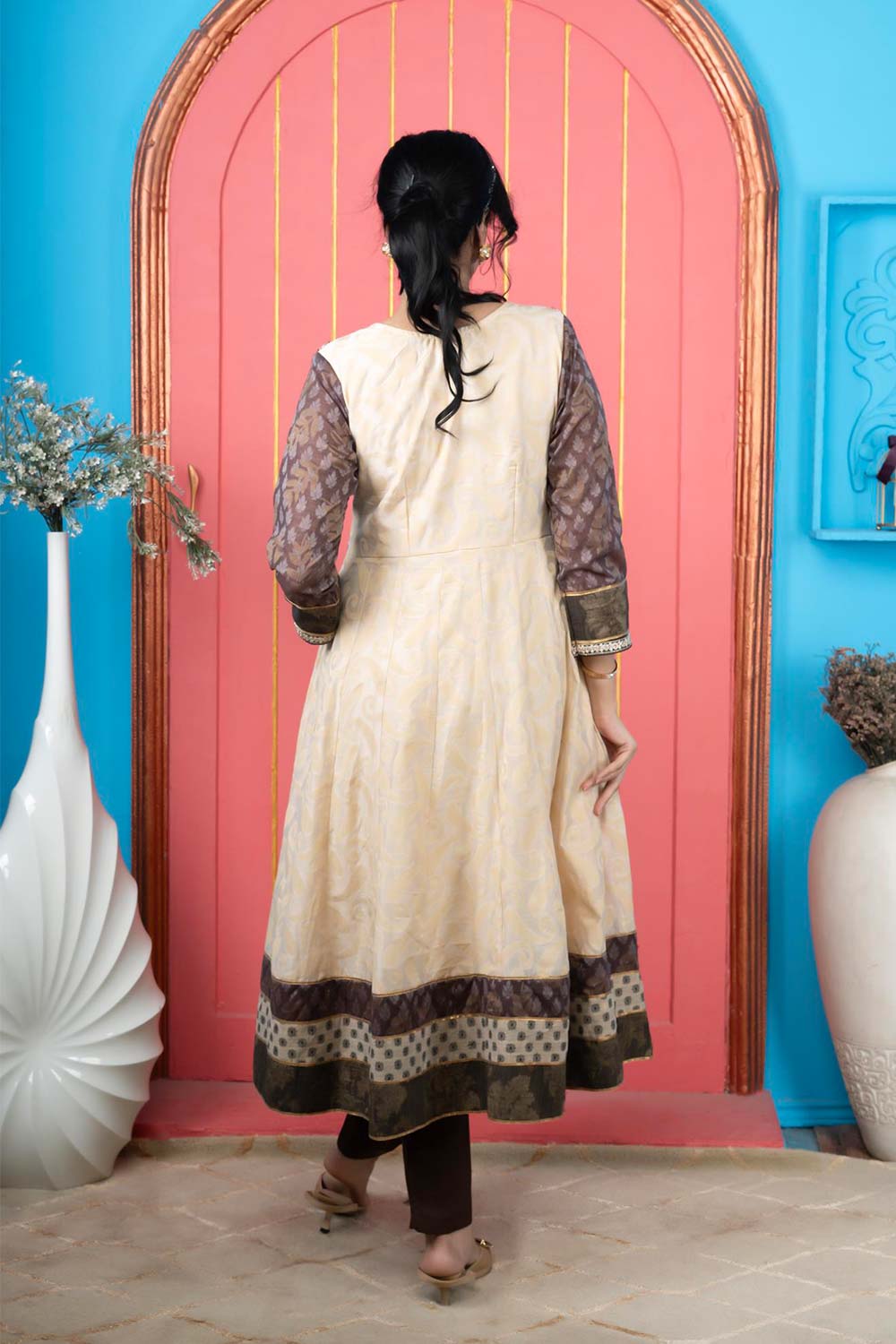 Beige Embroidered Silk Anarkali Kurti Pant Set