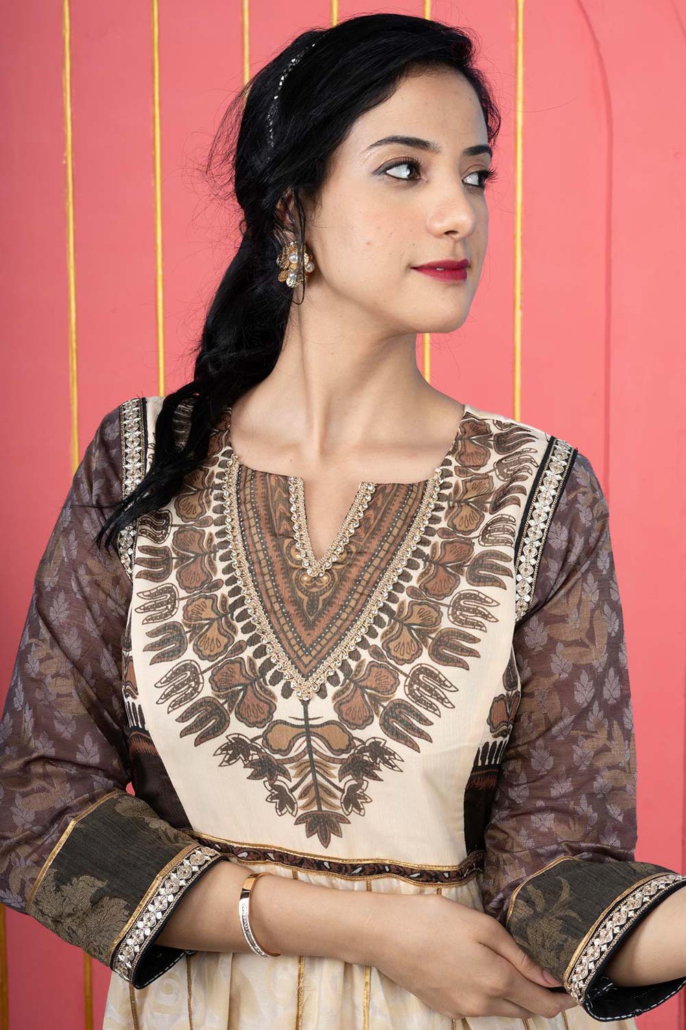 Beige Embroidered Silk Anarkali Kurti Pant Set