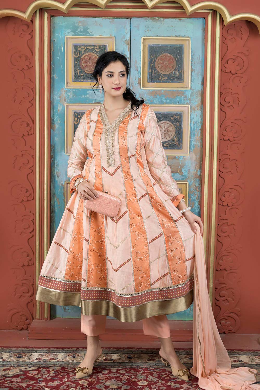 Beige Silk Stitched Anarkali Trouser Kurta Dupatta Readymade Suits