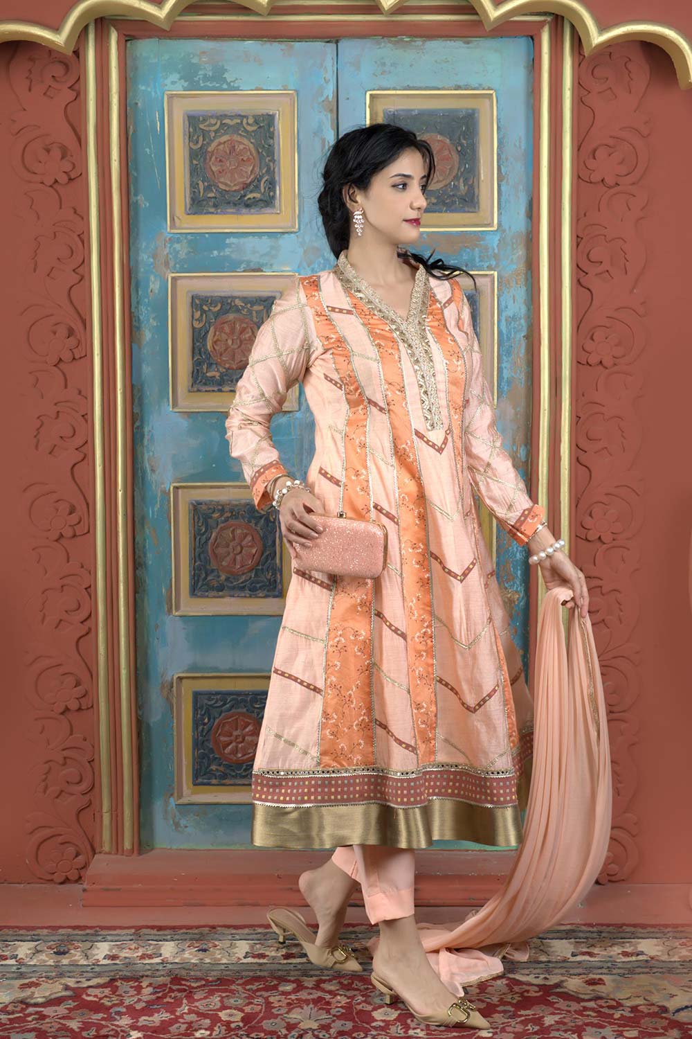 Beige Silk Stitched Anarkali Trouser Kurti Dupatta Readymade Suits