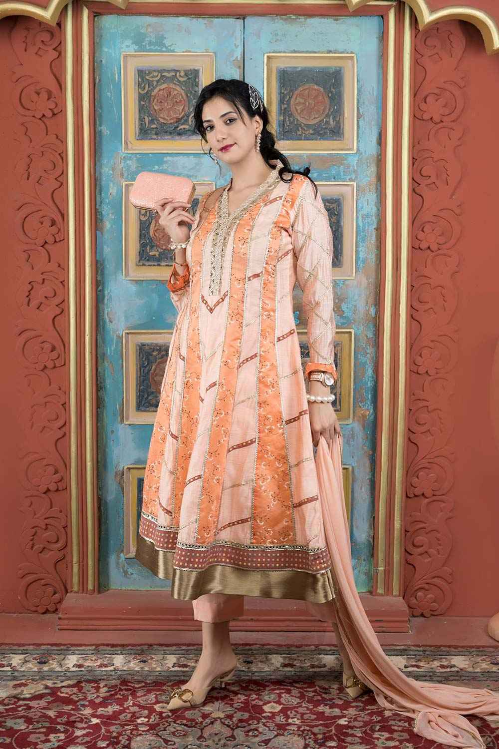 Beige Silk Stitched Anarkali Trouser Kurti Dupatta Readymade Suits