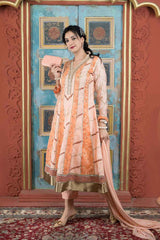 Beige Silk Stitched Anarkali Trouser Kurta Dupatta Readymade Suits