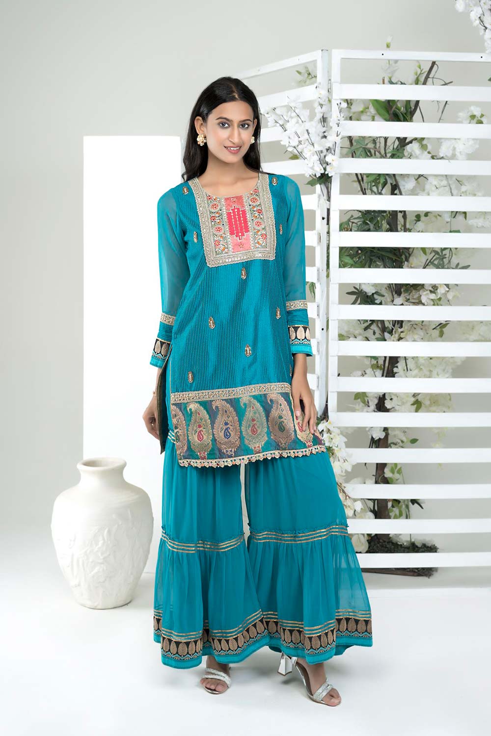 Blue Embroidered Art Silk Straight Cut Kurti