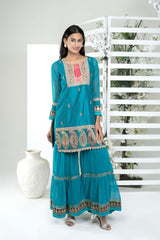 Blue Embroidered Art Silk Straight Cut Kurta