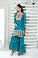 Blue Embroidered Art Silk Straight Cut Kurti