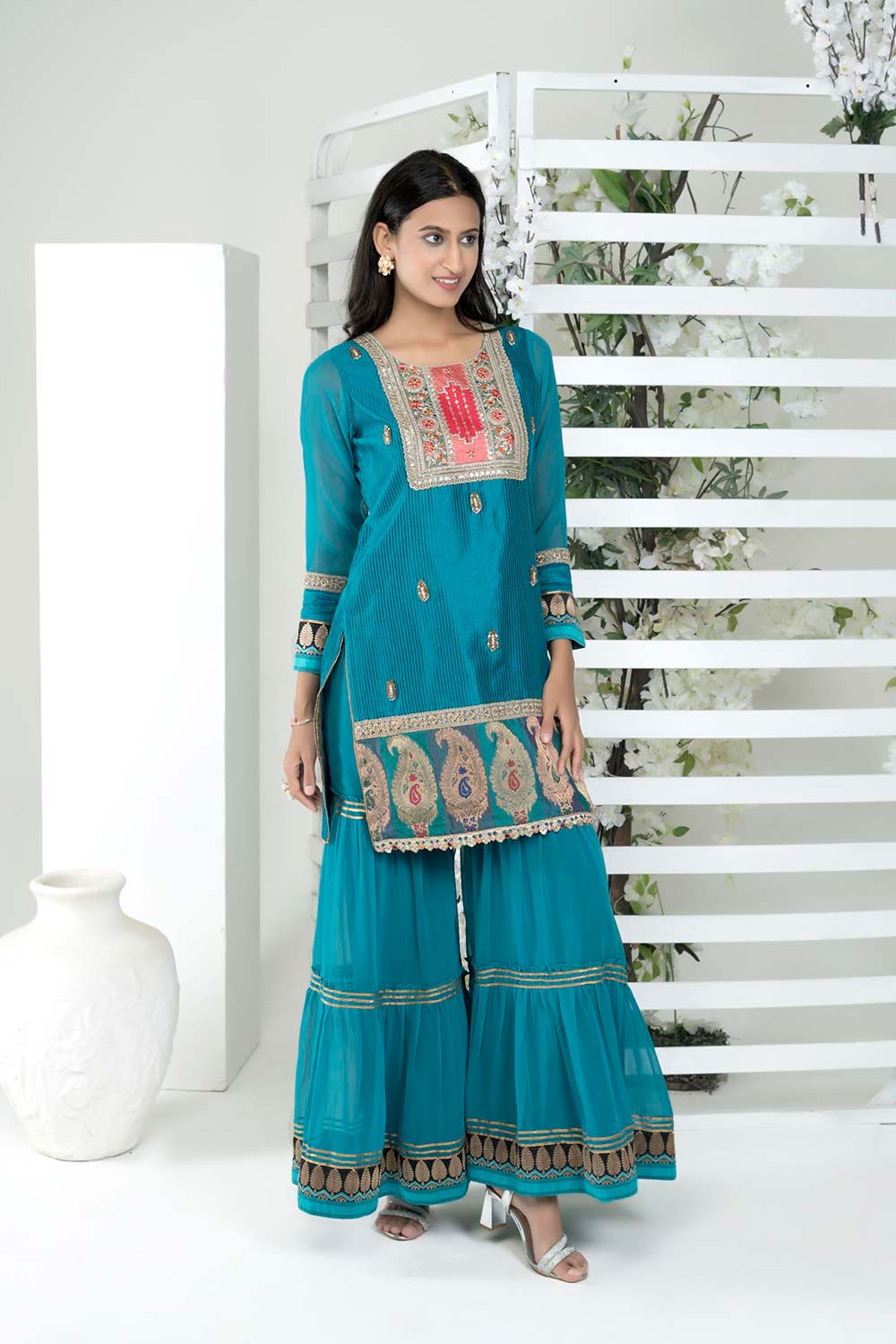 Blue Embroidered Art Silk Straight Cut Kurti