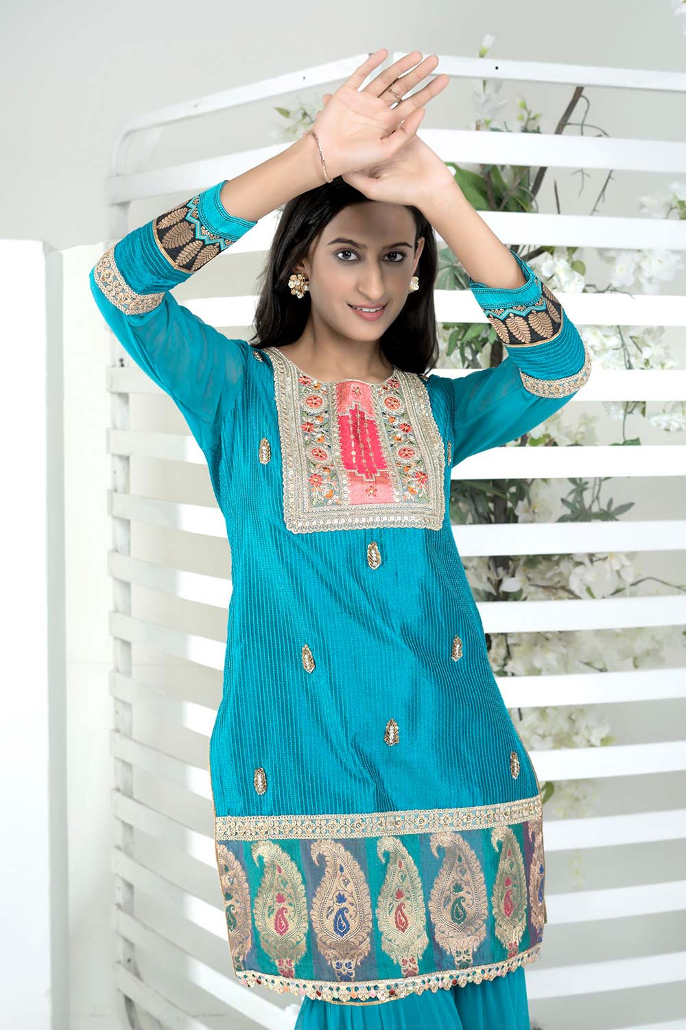 Blue Embroidered Art Silk Straight Cut Kurta