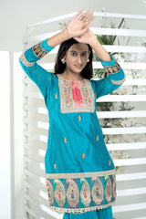 Blue Embroidered Art Silk Straight Cut Kurti