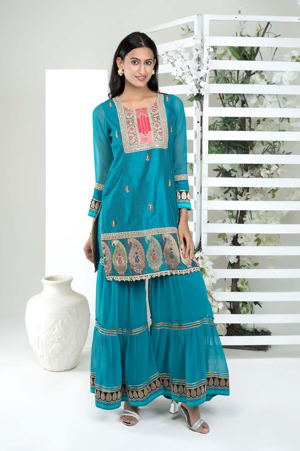 Blue Embroidered Art Silk Straight Cut Kurti Sharara Set