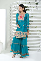 Blue Embroidered Art Silk Straight Cut Kurti Sharara Set