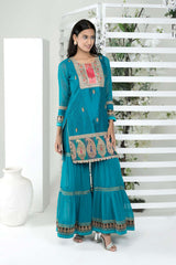 Blue Embroidered Art Silk Straight Cut Kurta Sharara Set