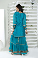 Blue Embroidered Art Silk Straight Cut Kurti Sharara Set