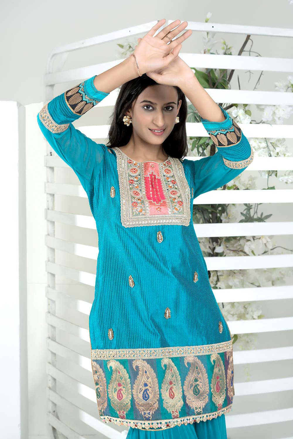 Blue Embroidered Art Silk Straight Cut Kurta Sharara Set