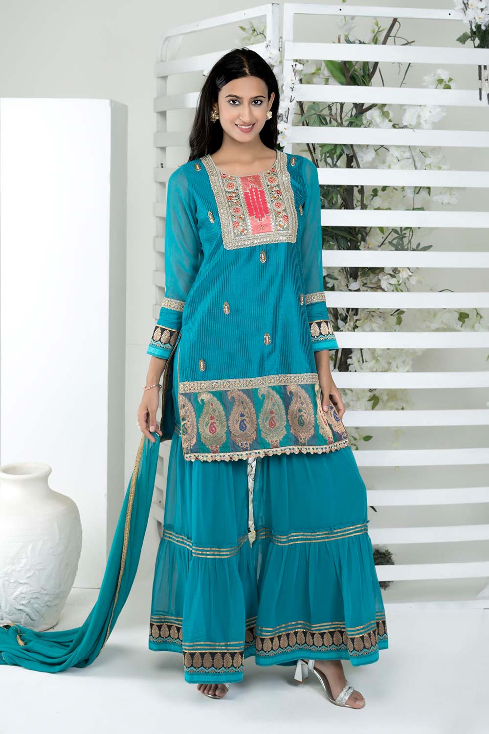 Blue Art Silk Stitched Straight Cut Sharara Kurti Dupatta Readymade Suits