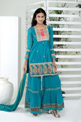 Blue Art Silk Stitched Straight Cut Sharara Kurta Dupatta Readymade Suits