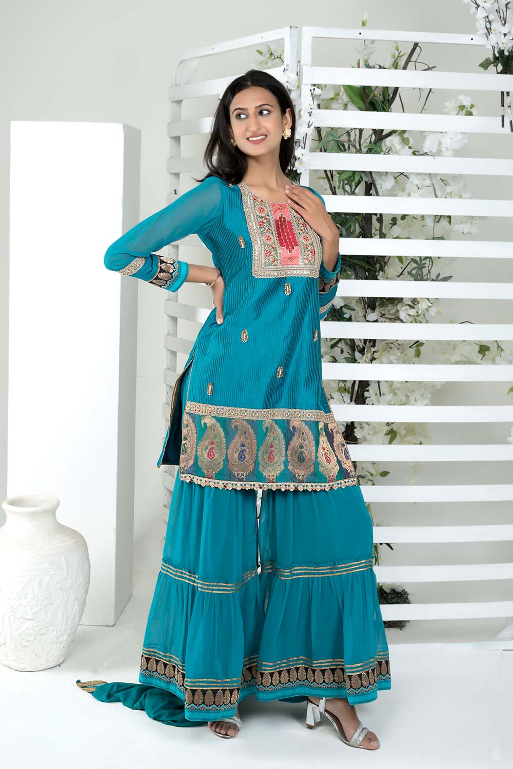 Blue Art Silk Stitched Straight Cut Sharara Kurta Dupatta Readymade Suits