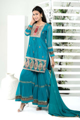 Blue Art Silk Stitched Straight Cut Sharara Kurta Dupatta Readymade Suits