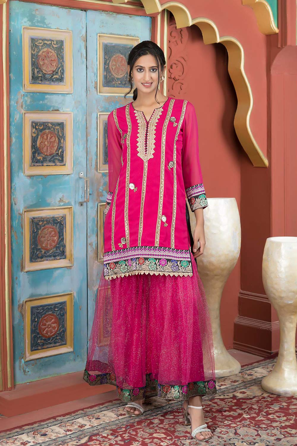 Pink Embroidered Georgette Straight Cut Kurta