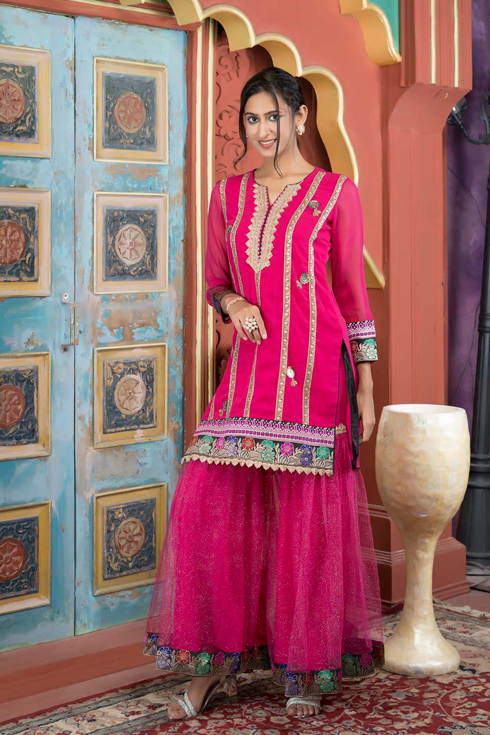 Pink Embroidered Georgette Straight Cut Kurti