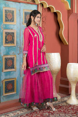 Pink Embroidered Georgette Straight Cut Kurti